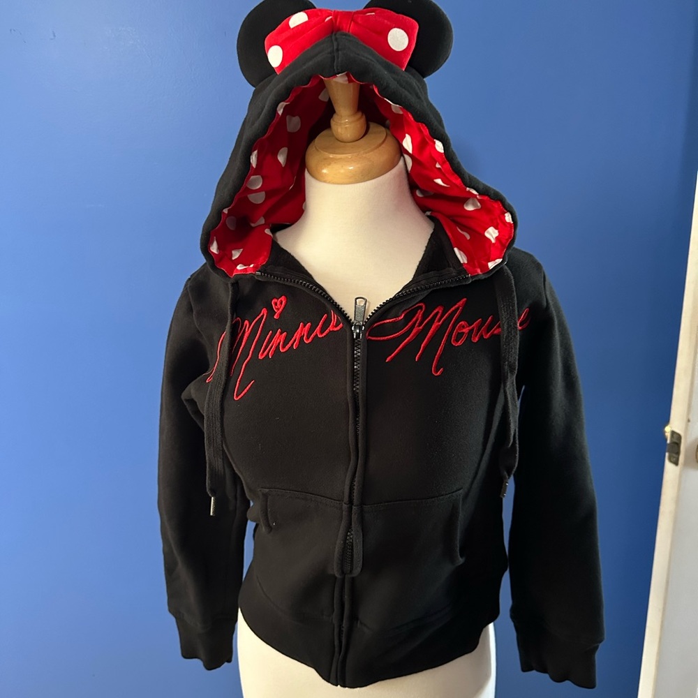 Disney Minnie Mouse Black Zip Hoodie with Red Polka Dot Lining